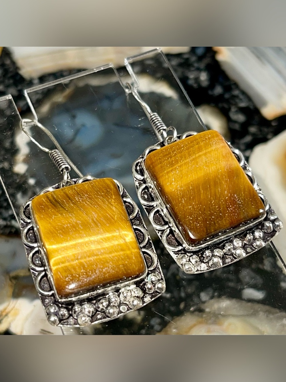 Square Golden Tiger Eye Quartz Earrings 1 7/8”